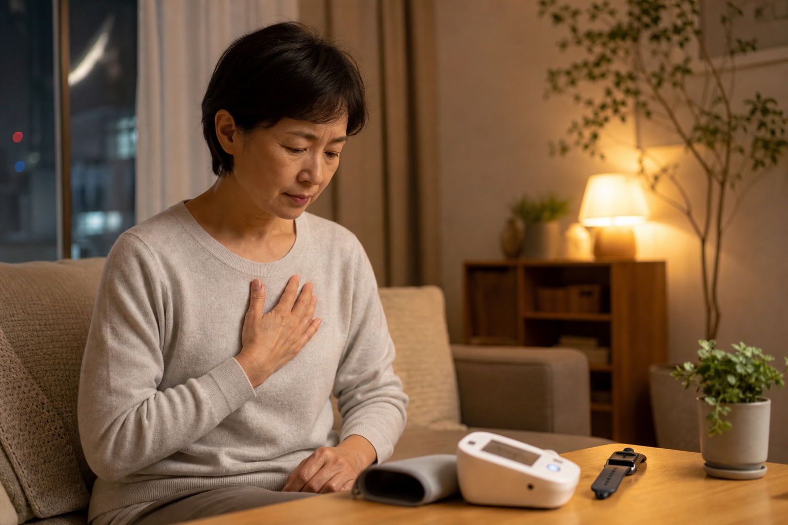 夜、胸にそっと手を当てて動悸を確かめる中高年の人物と、家庭用血圧計・スマートウォッチ